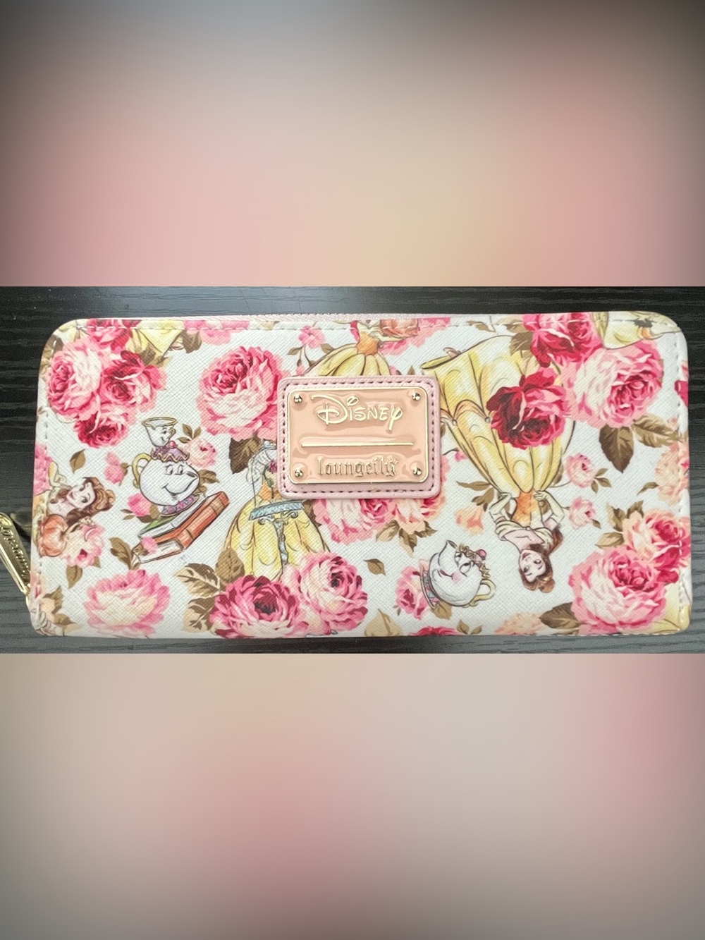 Loungefly Disney Beauty and the Beast Belle AOP Rose Zip Around Wallet Like New